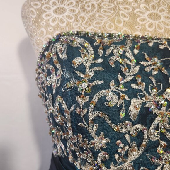 Allure Women's Size 14 Teal Strapless A-Line Appliques Taffeta Prom Dress Formal - Picture 5 of 14